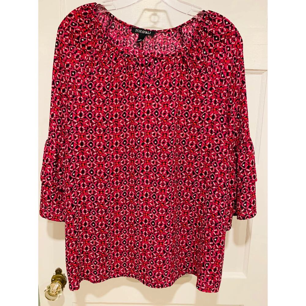 Roz Ali Women's Top Size Large Pink Floral Boat Neck Flared Sleeve Boho Blouse